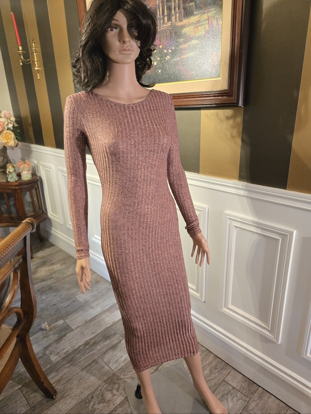 Missguided Ribbed Long Sleeve Midi Dress in Dusty Rose